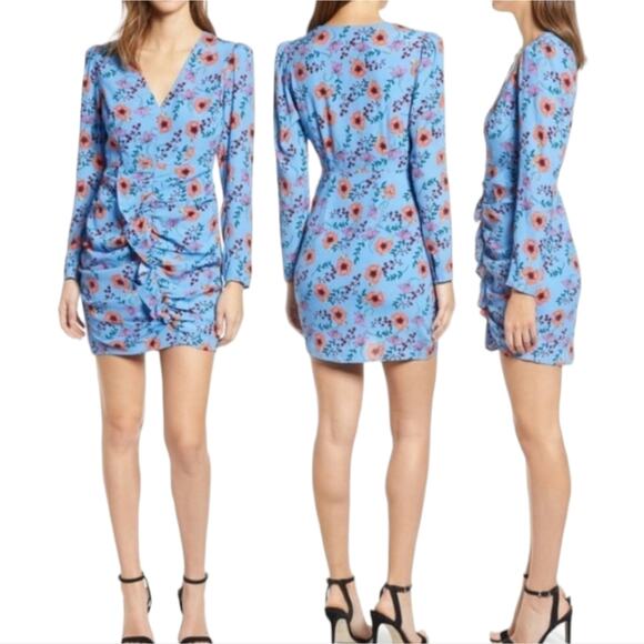 Astr the Label Floral Ruffle Front Long Sleeve Ruched Bodycon Dress Size Xs - Picture 1 of 16